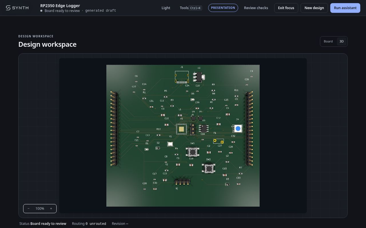 Live Synth workspace showing the RP2350 Edge Logger in 3D