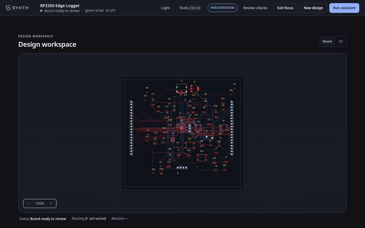 Live Synth workspace showing a routed RP2350 Edge Logger PCB